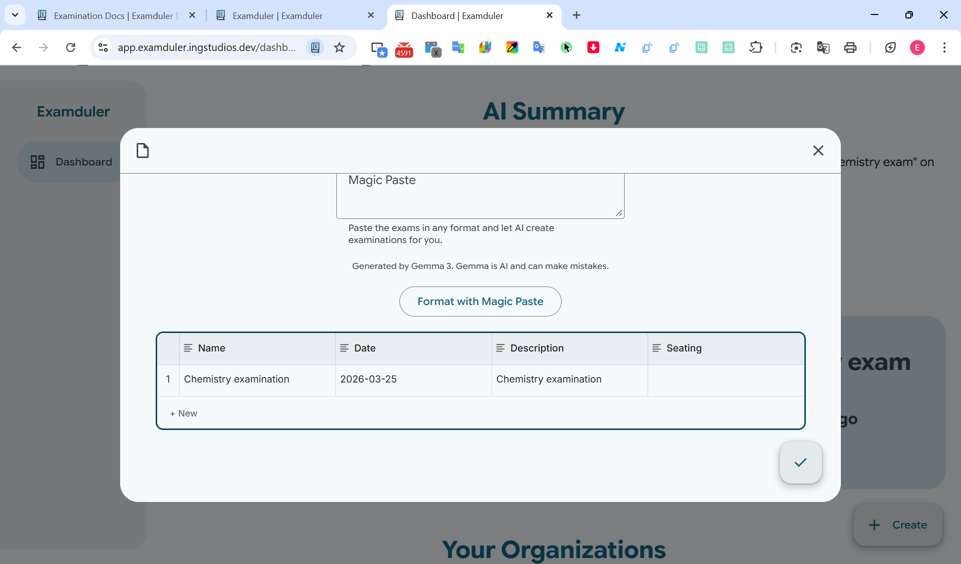 Edit examinations in the table
