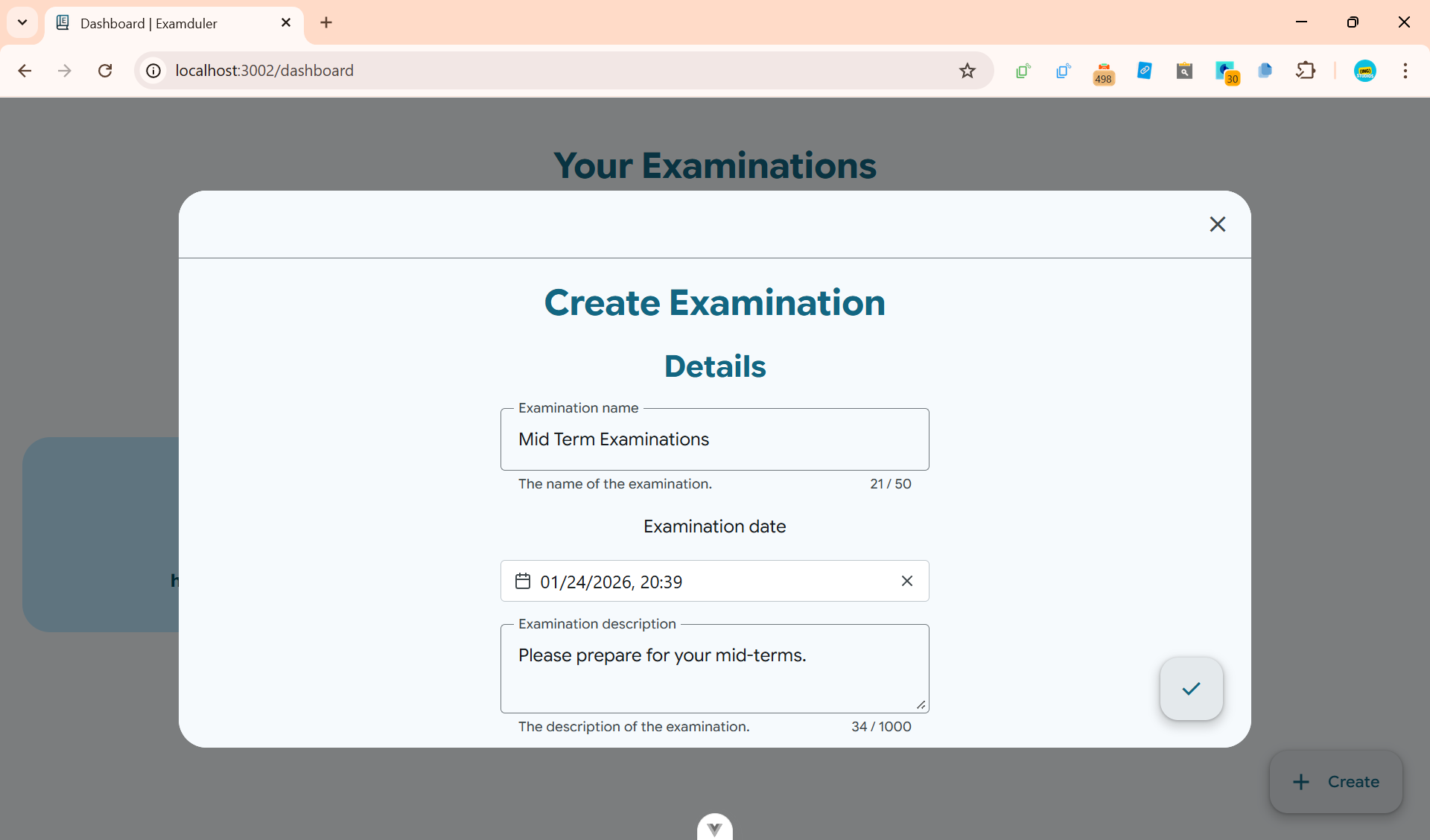 Examination dialog