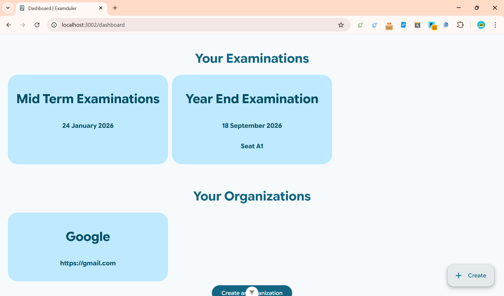 Dashboard with examination created