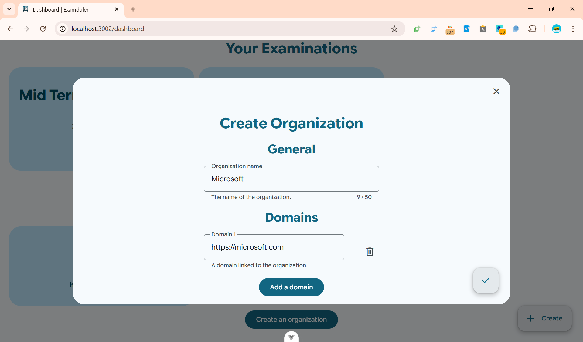 Organization create dialog